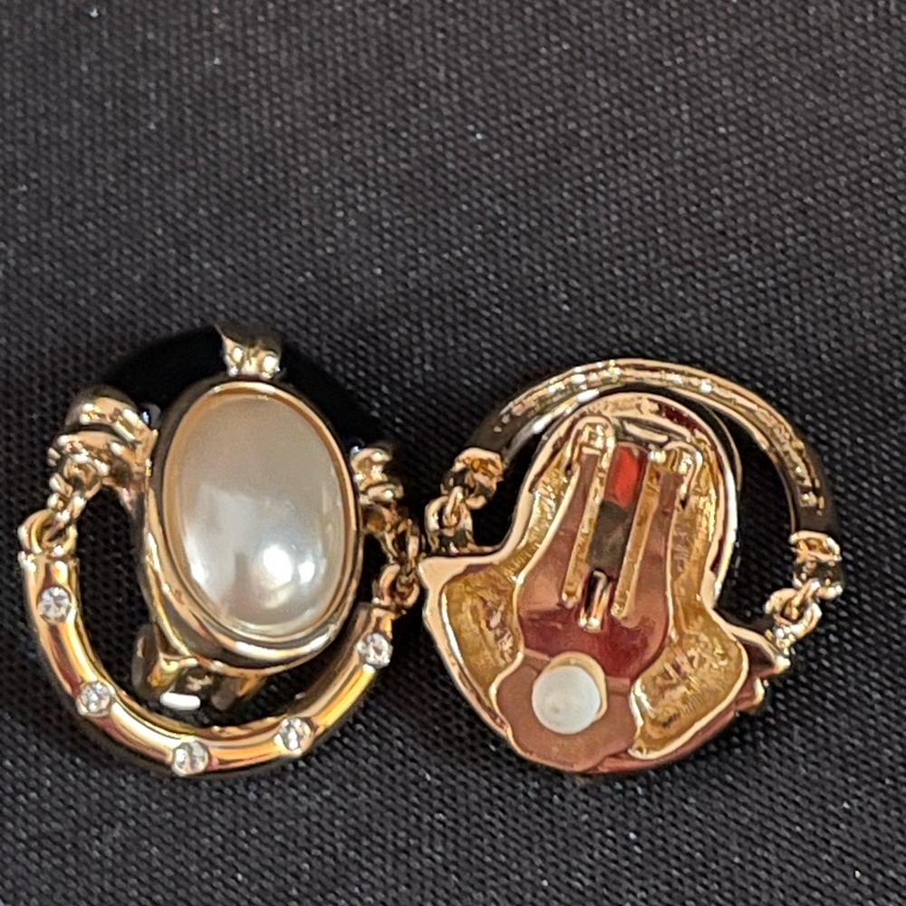 VTG André Courrèges Paris 80s Gold Black Pearl Door Knocker Clip On Earrings - Picture 7 of 17